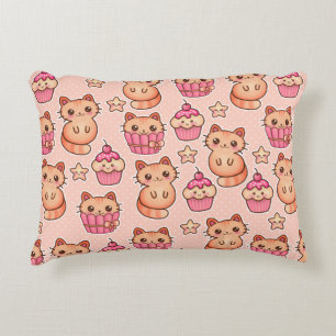 Almofada Decorativa Gatos e Cupcakes Cutes Cons e Padrões Rosa Kawaii