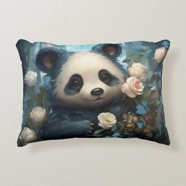 Almofada Decorativa Gentil Urso Panda Entre Rosas Selvagens (Frente)