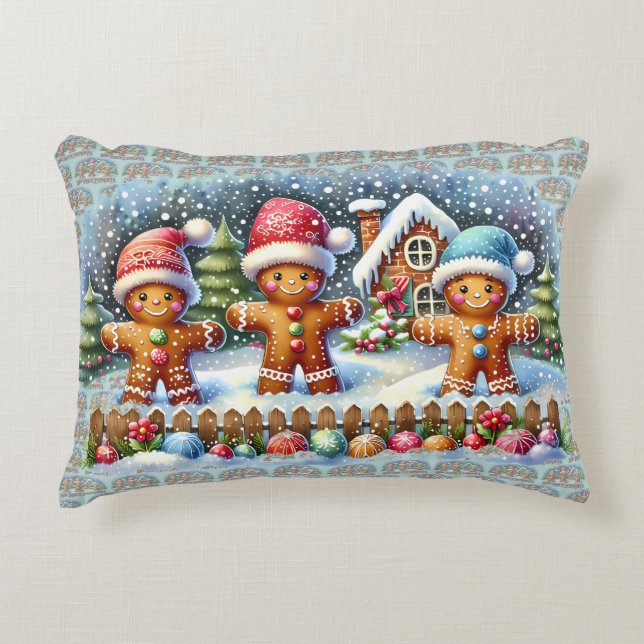 Almofada Decorativa Gingerbread Family Snowy Christmas Scene (Frente)