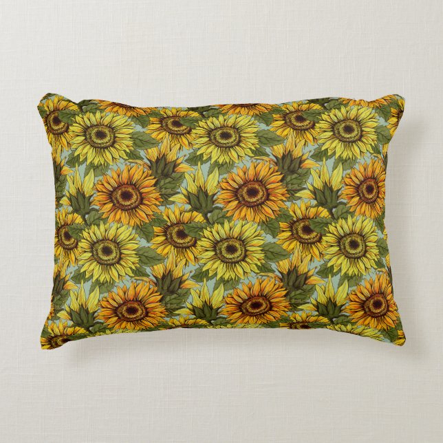 Almofada Decorativa Girassóis em Sage Background Foliage Orange Yello (Frente)