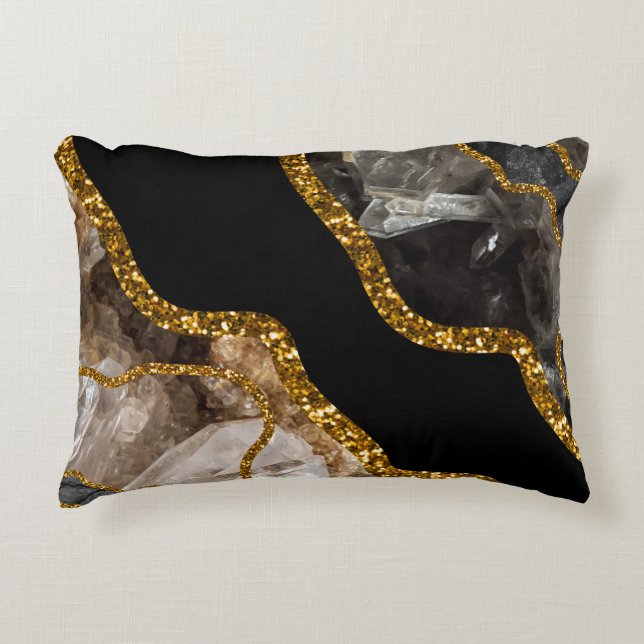 Almofada Decorativa Glitor de Geodo de Agato Preto e Dourado (Frente)