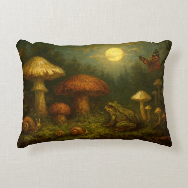 Almofada Decorativa Goblincore Mushrooms, Snails & Frog In Moonlight (Frente)