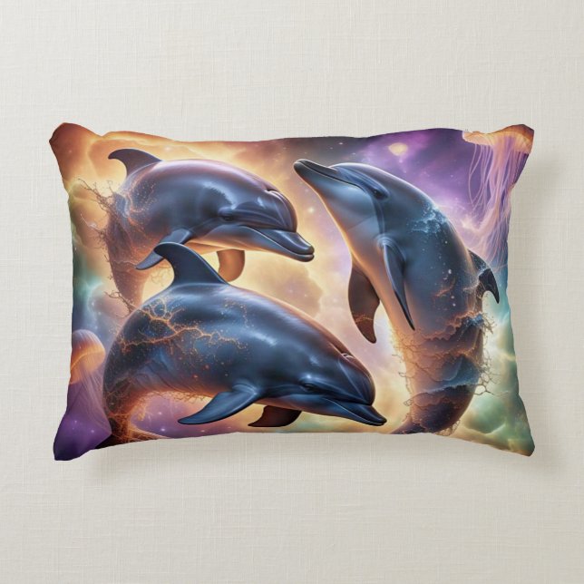 Almofada Decorativa Golfinhos Cósmicos e Água-Viva no Espaço (Frente)