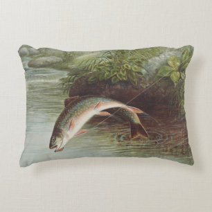 Almofada Decorativa Gravura Antiga de Truta Saltando de um Riacho para