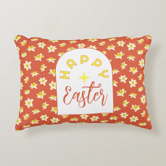 Almofada Decorativa Happy Easter. Yellow Daffodils Spring Modern. (Frente)