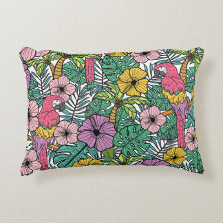 Almofada Decorativa hibisco tropical, palma, padrão de papagaios.