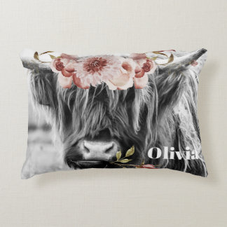 Almofada Decorativa Highland Cow Floral | Nome das Crianças de Cowgirl