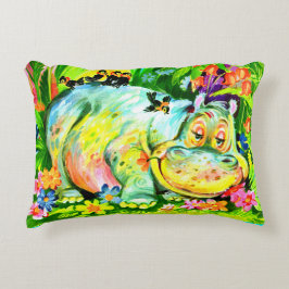 Almofada Decorativa hipopótamo e aves coloridas brilhantes