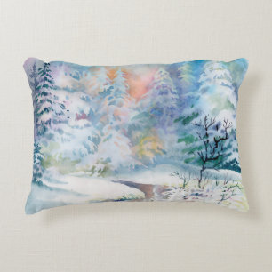 Almofada Decorativa Ilustração da paisagem invernal em aquarela