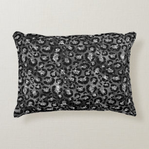 Almofada Decorativa Impressão de Leopardo Preto e Cinza Prata