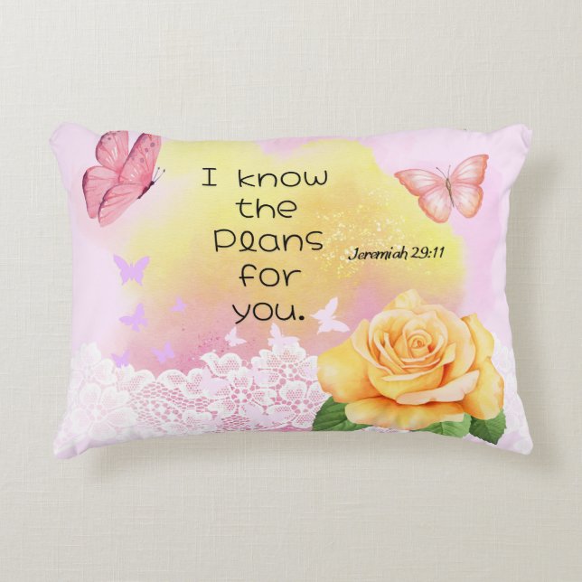 Almofada Decorativa Jeremiah 29:11 Bíblia Verso Borboleta Amarela Rosa (Frente)