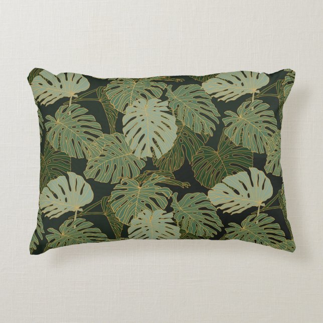 Almofada Decorativa Khaki verde sem costura e padrão de monstera doura (Frente)