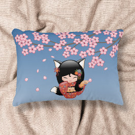 Almofada Decorativa Kitsune Kokeshi Doll - Rapariga Negra Fox Geisha