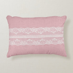 Almofada Decorativa Lace branco sobre a textura de linho cor-de-rosa P