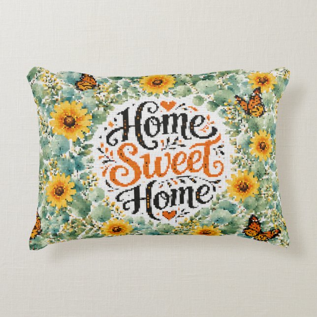 Almofada Decorativa Lar Doce Lar Eucalipto Com Flores Amarelas (Frente)