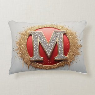 Almofada Decorativa Letra Diamante M Medalhão Vermelho Monograma Doura