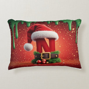Almofada Decorativa Letra N de Monograma de Natal com Chapéu de Papai