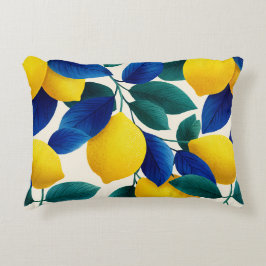 Almofada Decorativa Limão Vibrante e Folhas Azuis Padrão de Aquarela