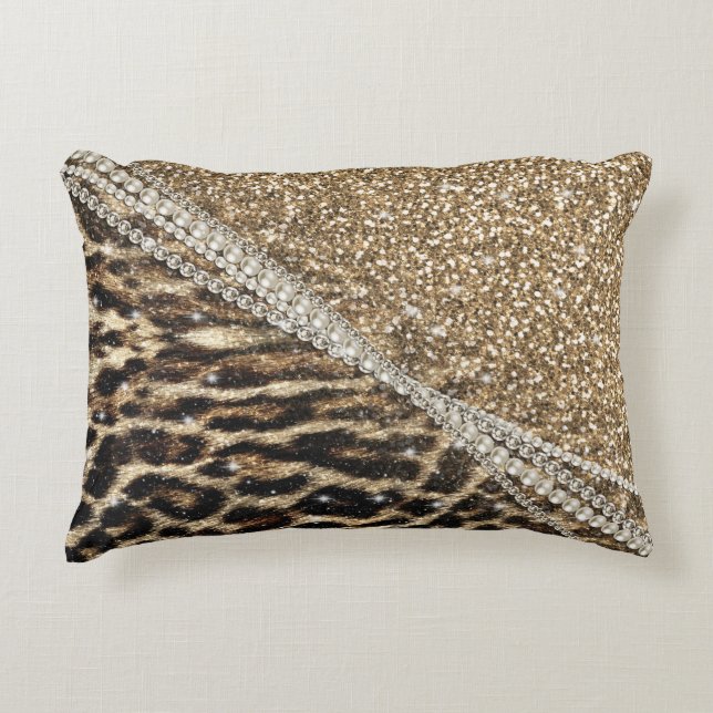 Almofada Decorativa Linda garota chic Leopard Imprime Dourada brilho (Frente)