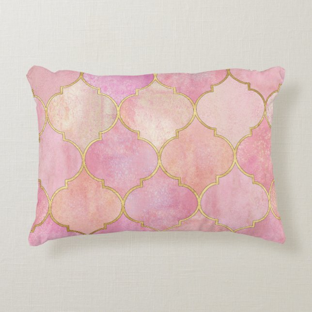 Almofada Decorativa Linha Dourada marroquina: Aquarela rosa (Frente)