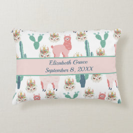 Almofada Decorativa Llamas Rosa e Cactus Verde Personalizados Fofos