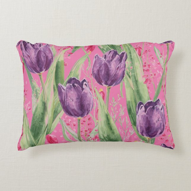 Almofada Decorativa Lovely, Purple,Shocking Pink Tulip Flowers Pattern (Frente)