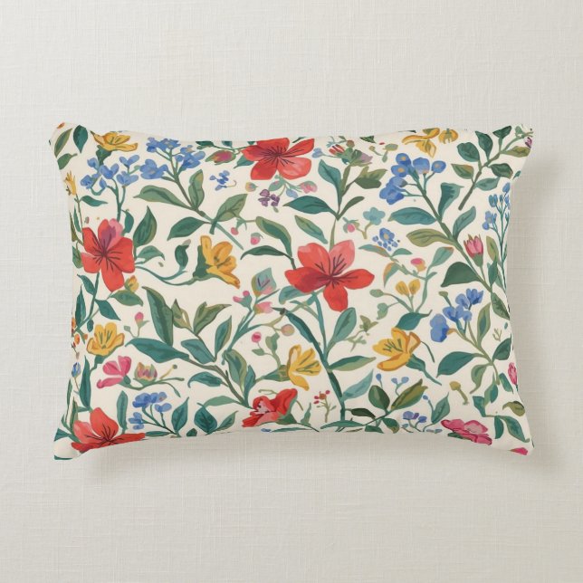 Almofada Decorativa Lovely, Red Yellow Blue Flowers and Leaves Pattern (Frente)