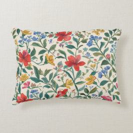 Almofada Decorativa Lovely, Red Yellow Blue Flowers and Leaves Pattern