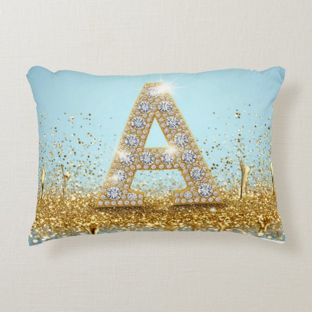 Almofada Decorativa Luxury Diamond Letter A on Gold Glitter Background (Frente)