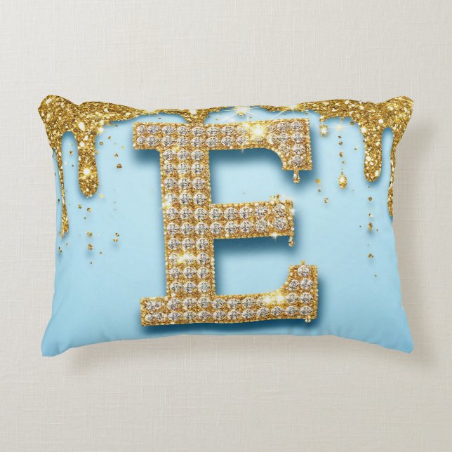 Almofada Decorativa Luxury Diamond Letter E on Gold Glitter Background (Frente)