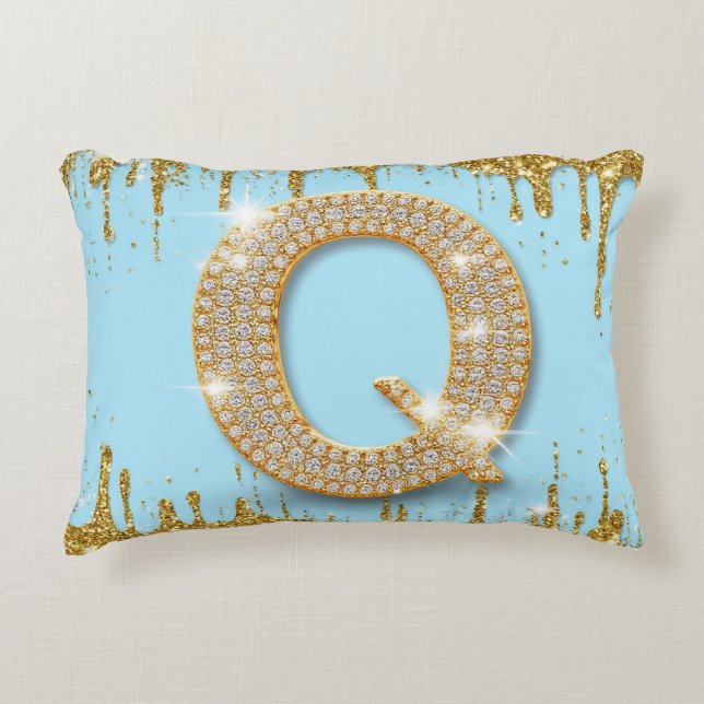 Almofada Decorativa Luxury Diamond Letter Q on Gold Glitter Background (Frente)