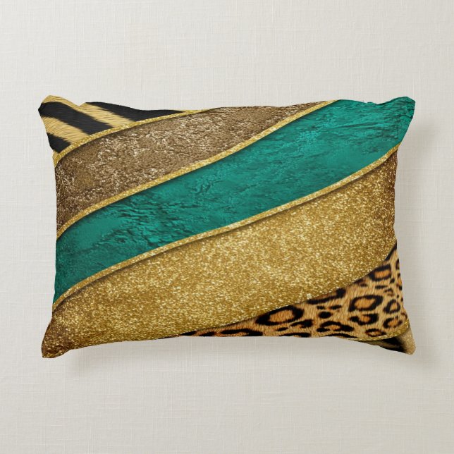 Almofada Decorativa Luxury Emerald & Gold Safari Leopard Zebra Glitter (Frente)