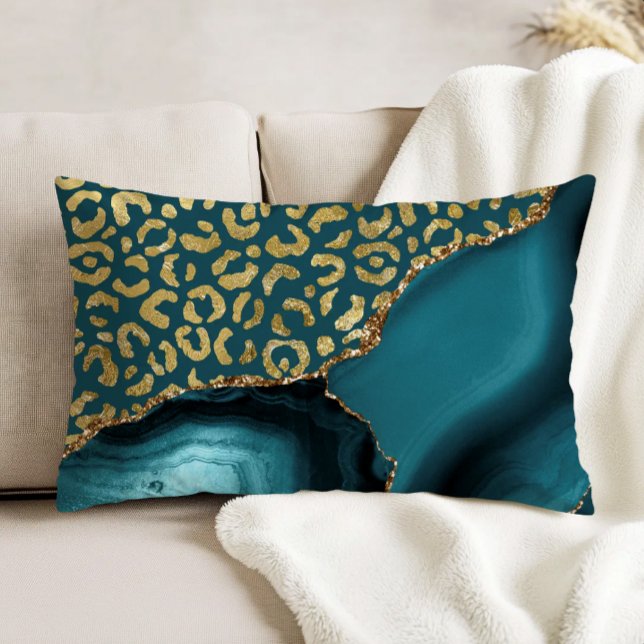 Almofada Decorativa Manchas de Leopardo em Ágata Azul Turquesa e Ouro (Criador carregado)
