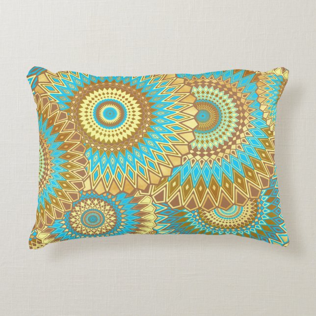Almofada Decorativa Mandala Azul Marrom Dourado Sobreposto (Frente)