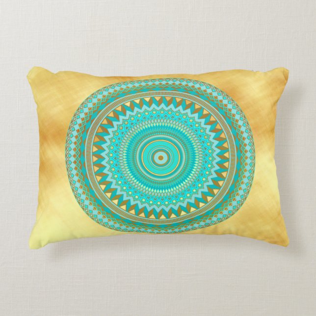 Almofada Decorativa Mandala Íris Azul Marrom Dourado (Frente)