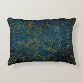 Almofada Decorativa Mapa Estelar Vintage Ilustrado Azul Escuro e Doura