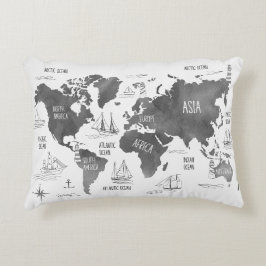Almofada Decorativa Mapa Mundial Arte Preto Branco Náutico