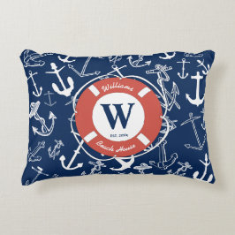 Almofada Decorativa Marinho de Monograma Azul Anchor Beach House