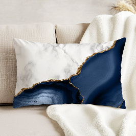 Almofada Decorativa Mármore Branco Ágata Azul-Marinho Dourada