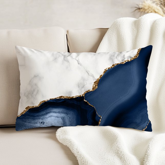 Almofada Decorativa Mármore Branco Ágata Azul-Marinho Dourada (Criador carregado)