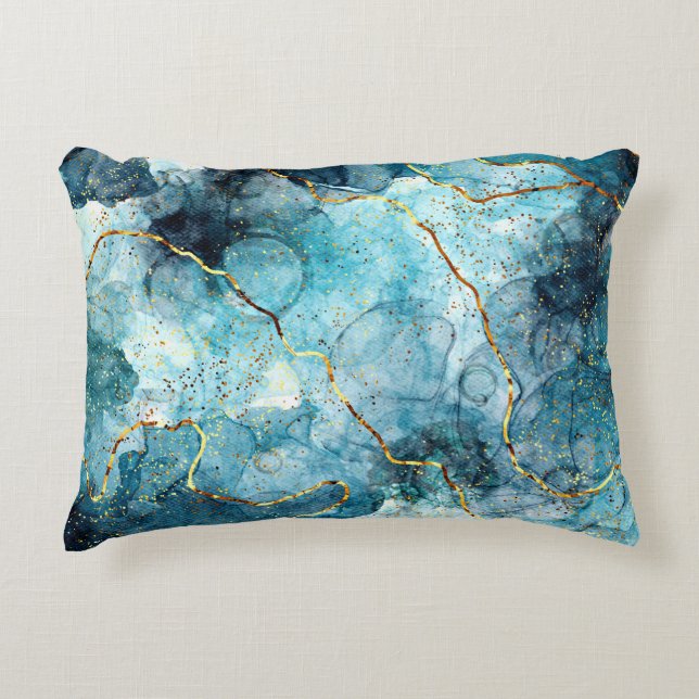 Almofada Decorativa Mármore brilhante azul e dourado (Frente)