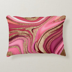 Almofada Decorativa mármore líquido, cor-de-abstrato rosa, com ouro