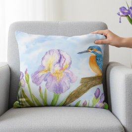Almofada Decorativa Martim-pescador em Aquarela com Íris Roxas