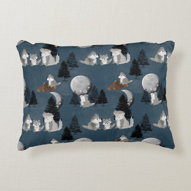 Almofada Decorativa Matilha de Lobo Fofo Floresta Noturna Berçário Inf (Frente)