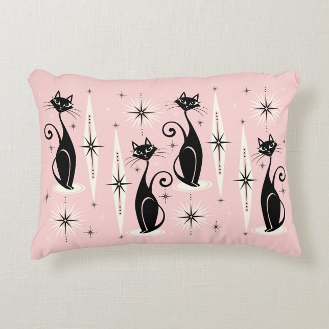 Almofada Decorativa Meio século Meow Retro Atomic Cats - Rosa Quente (Frente)