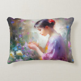 Almofada Decorativa Menina admirando uma flor em suas mãos