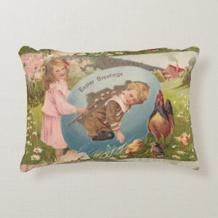 Almofada Decorativa Menina & menino do Victorian do cartão da páscoa