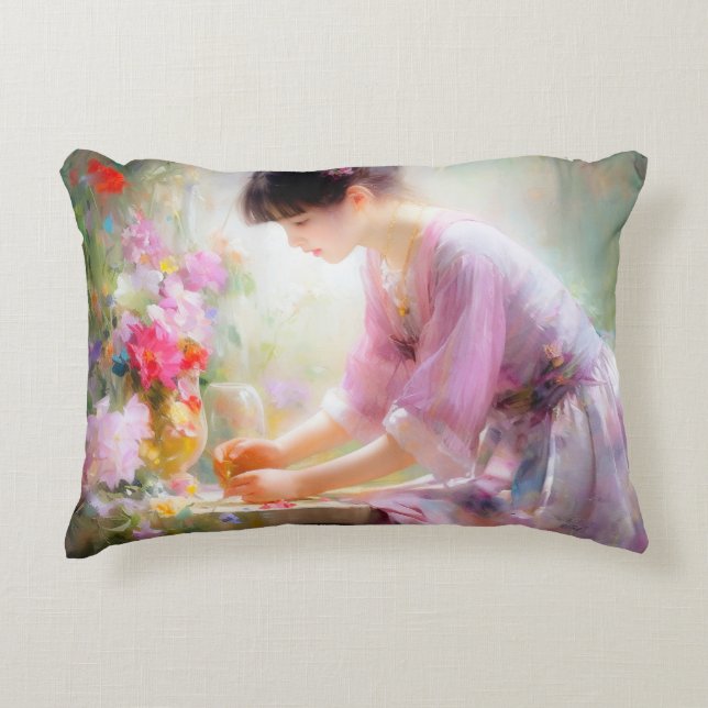 Almofada Decorativa Menina no Jardim de Flores  (Frente)