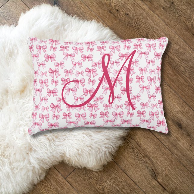 Almofada Decorativa Meninas estéticas do Arco rosa-inicial Monograma (Pink bow Monogrammed Initial preppy girls coquette aesthetic accent pillow. Girls bedroom Nursery)