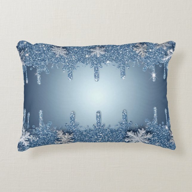 Almofada Decorativa Moldura de Floco de Neve Azul com Pingentes (Frente)